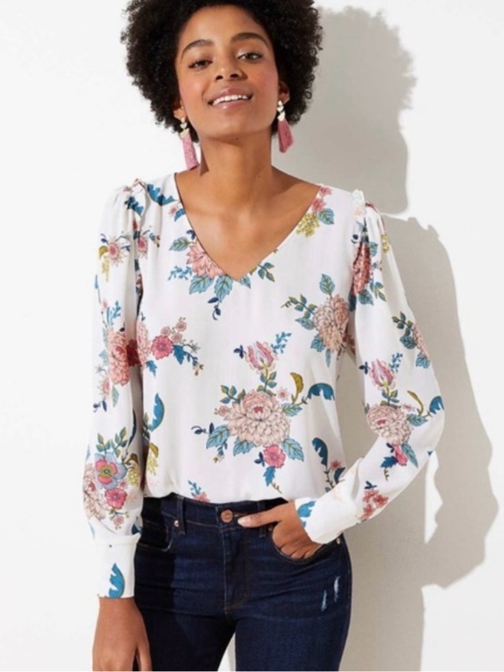 LOFT White Floral V-Neck Blouse with Coral and Blue Flowers